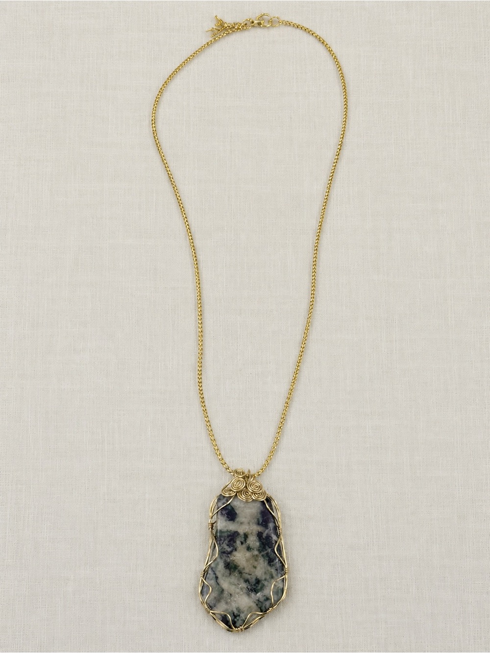 Wire Wrapped Natural Stone Pendant Necklace Boho Gold Tone